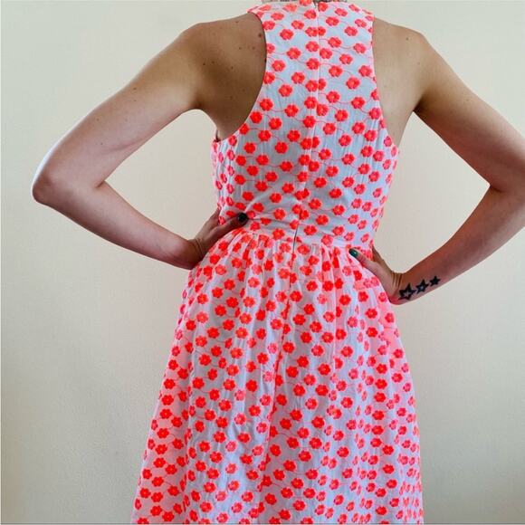 J. Crew White Neon Pink Embroidered Floral Racer Dress A5586 Size 10 Fit Flare - Picture 2 of 12